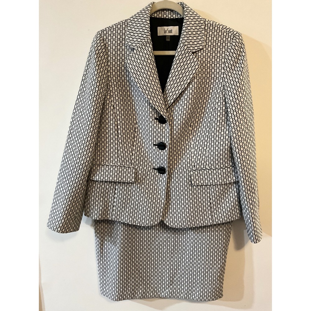 Le Suit Womens Black White Geometric 3-Button Blazer and Skirt Set Size 12